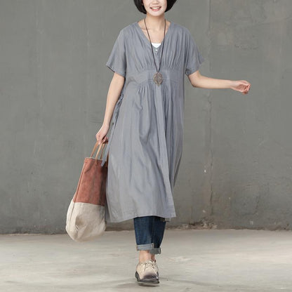Women Pleated Cotton Linen Short Sleeves Gray Dress