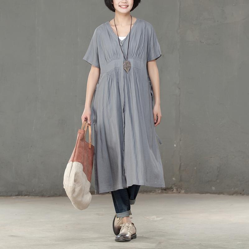 Women Pleated Cotton Linen Short Sleeves Gray Dress