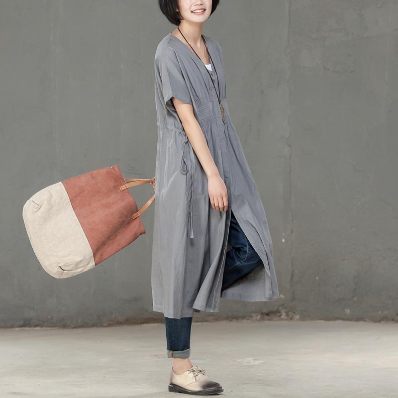 Women Pleated Cotton Linen Short Sleeves Gray Dress