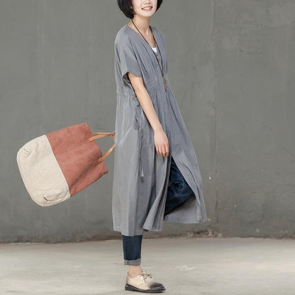 Women Pleated Cotton Linen Short Sleeves Gray Dress