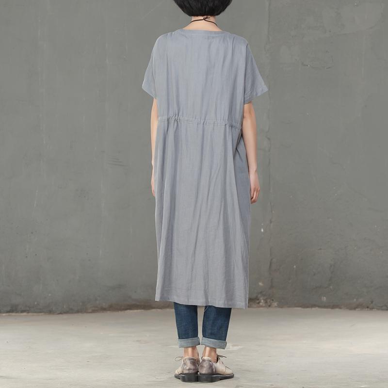 Women Pleated Cotton Linen Short Sleeves Gray Dress