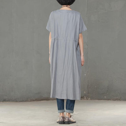 Women Pleated Cotton Linen Short Sleeves Gray Dress