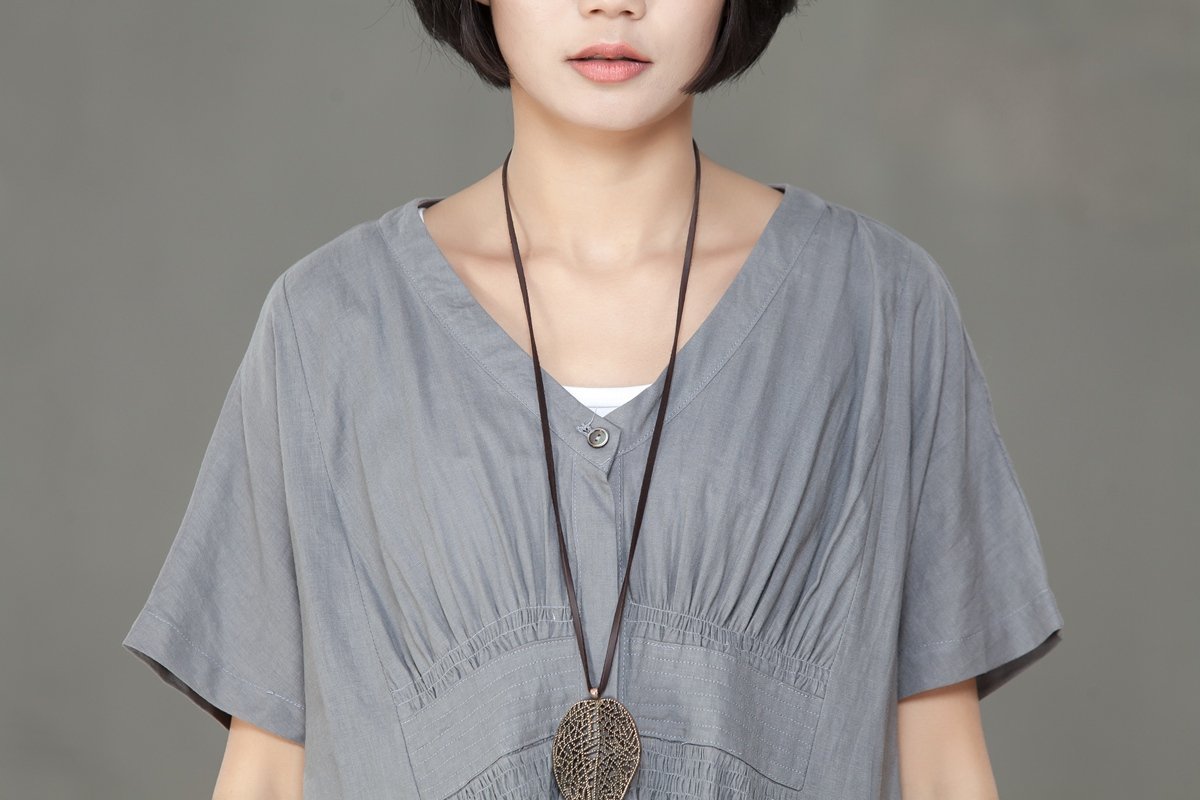 Women Pleated Cotton Linen Short Sleeves Gray Dress