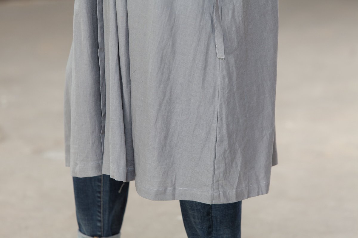 Women Pleated Cotton Linen Short Sleeves Gray Dress