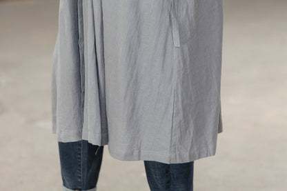 Women Pleated Cotton Linen Short Sleeves Gray Dress