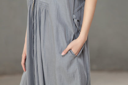Women Pleated Cotton Linen Short Sleeves Gray Dress