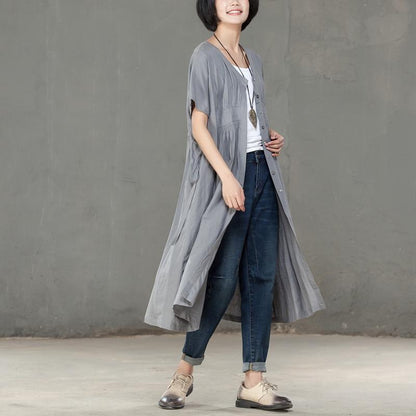 Women Pleated Cotton Linen Short Sleeves Gray Dress