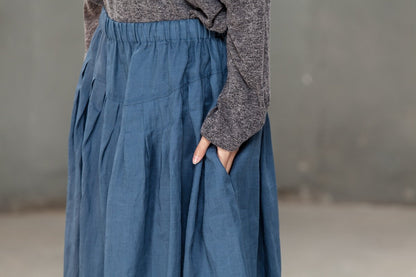 Loose Women Cotton Linen Blue Pleated Skirt
