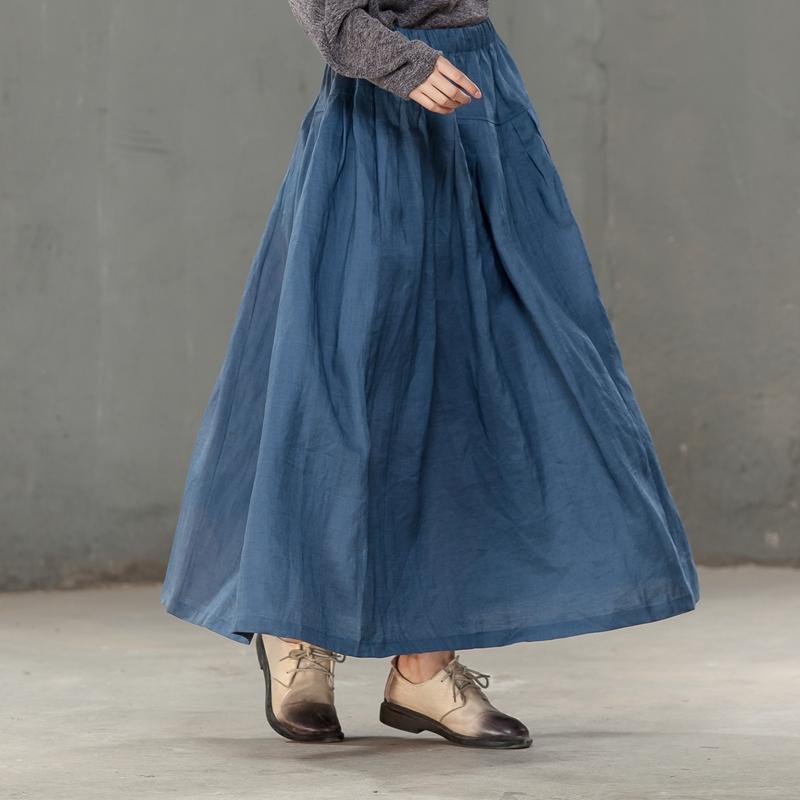 Loose Women Cotton Linen Blue Pleated Skirt