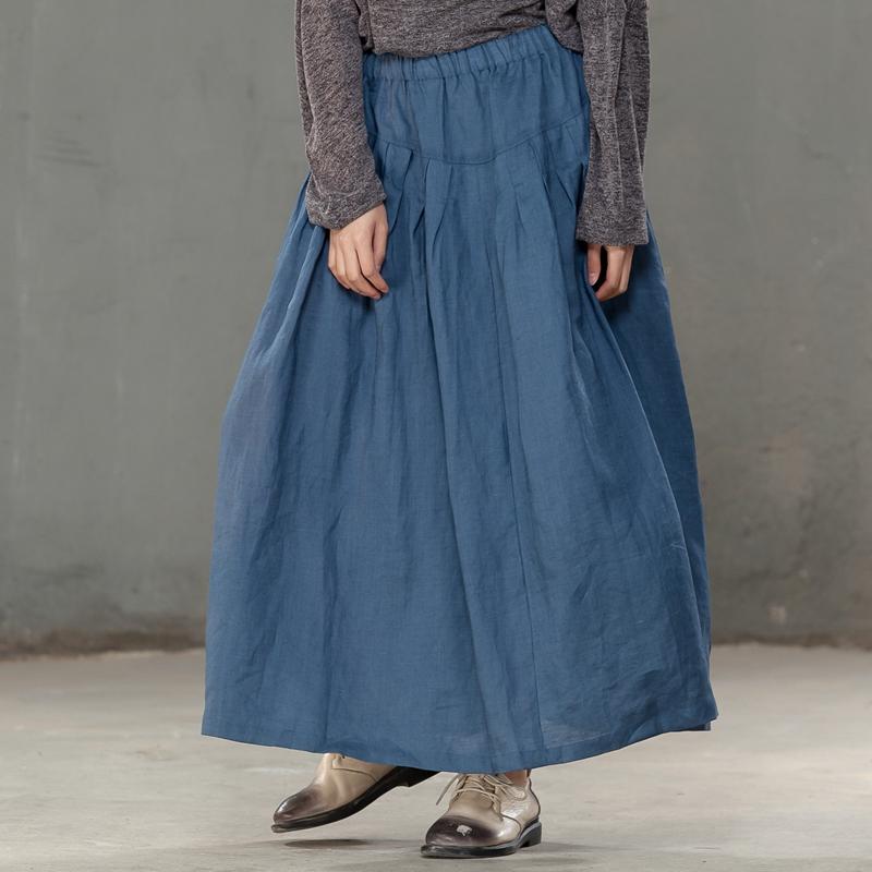 Loose Women Cotton Linen Blue Pleated Skirt