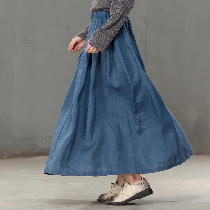 Loose Women Cotton Linen Blue Pleated Skirt