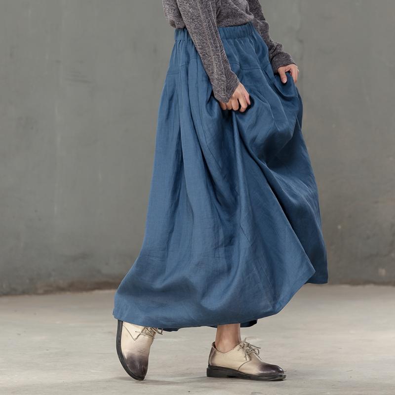 Loose Women Cotton Linen Blue Pleated Skirt
