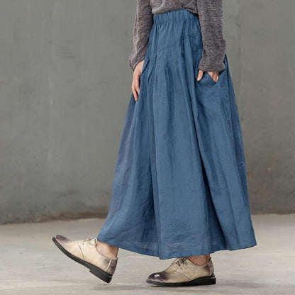Loose Women Cotton Linen Blue Pleated Skirt