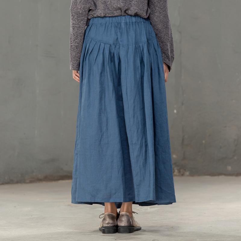 Loose Women Cotton Linen Blue Pleated Skirt