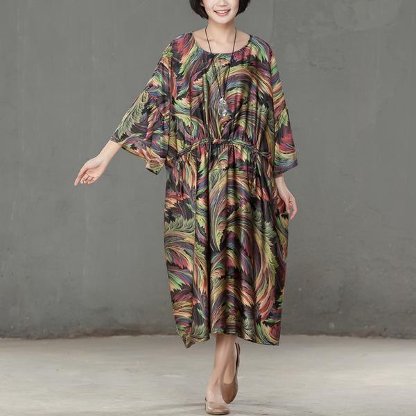 Spring Printed Round Neck Cotton Spandex Women Dress