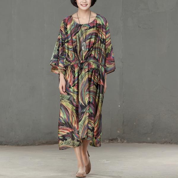 Spring Printed Round Neck Cotton Spandex Women Dress