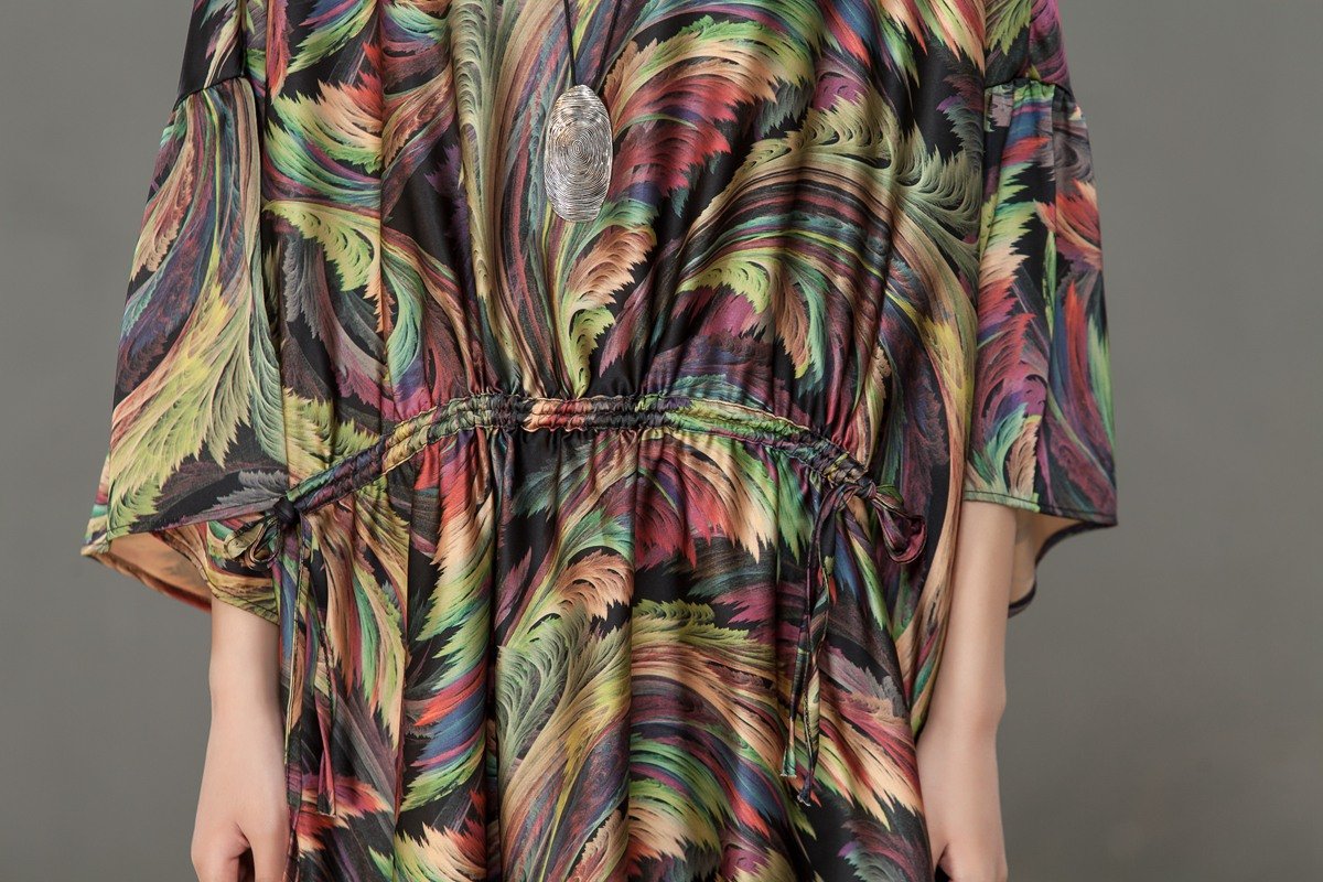 Spring Printed Round Neck Cotton Spandex Women Dress