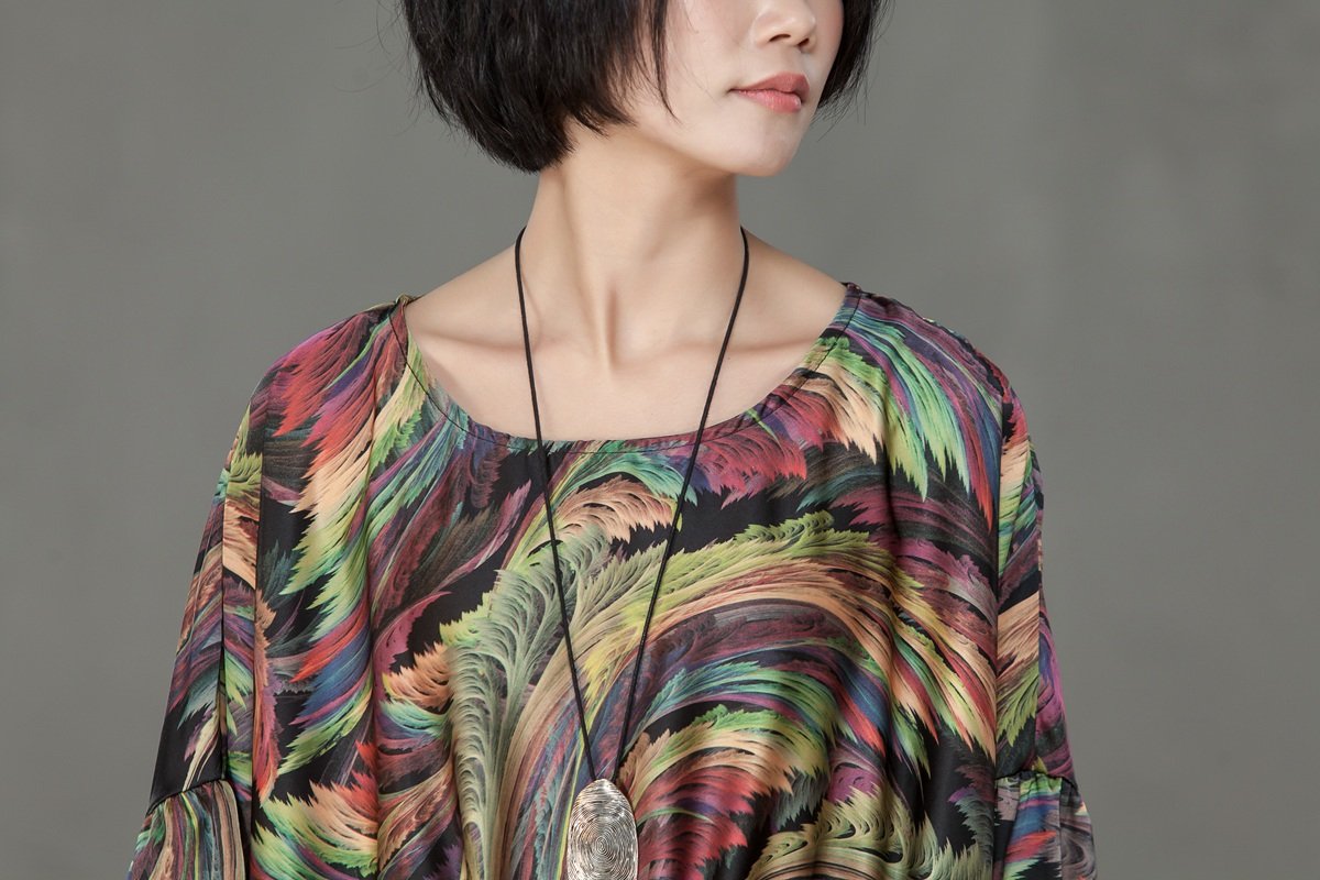 Spring Printed Round Neck Cotton Spandex Women Dress