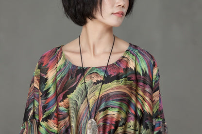 Spring Printed Round Neck Cotton Spandex Women Dress