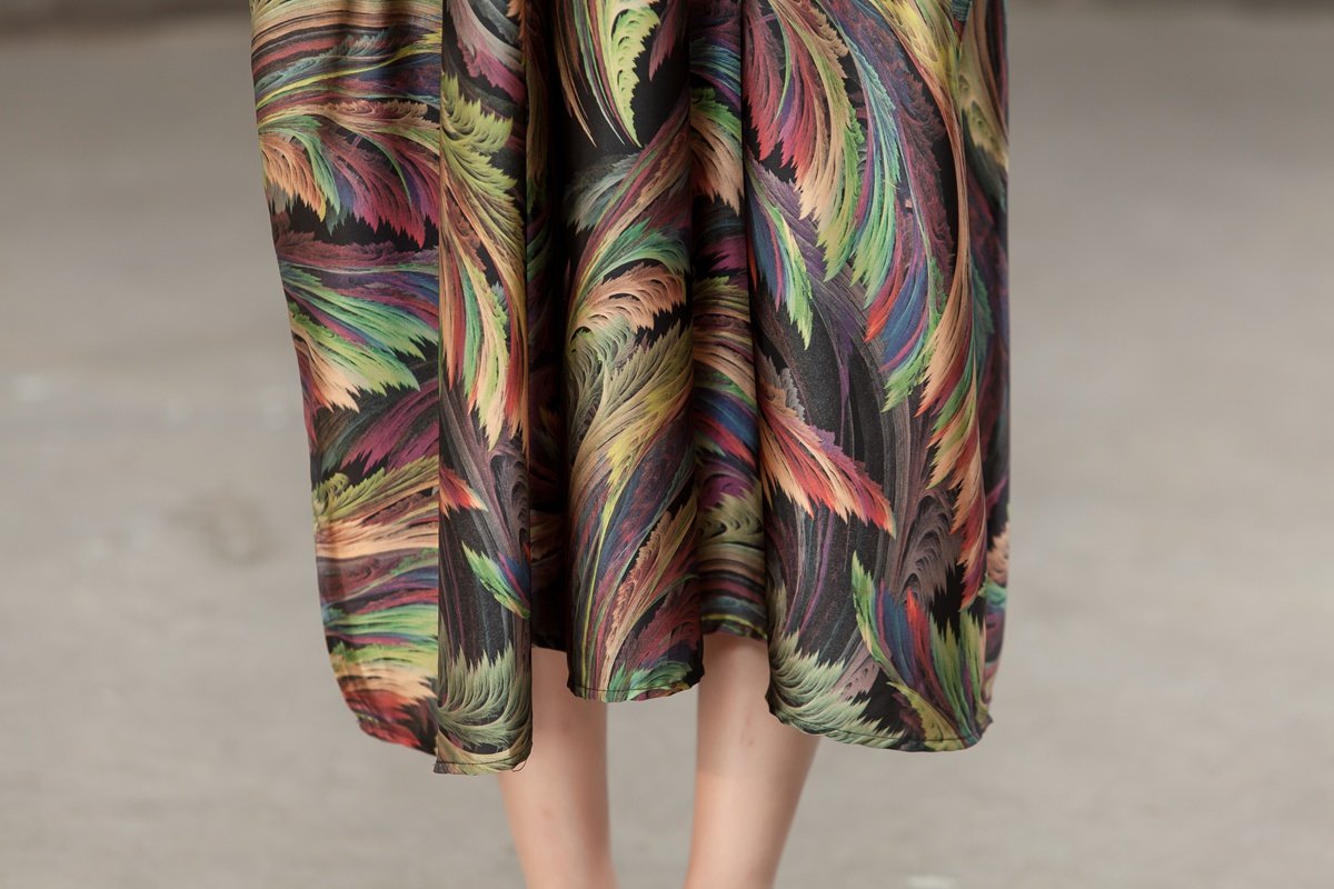 Spring Printed Round Neck Cotton Spandex Women Dress