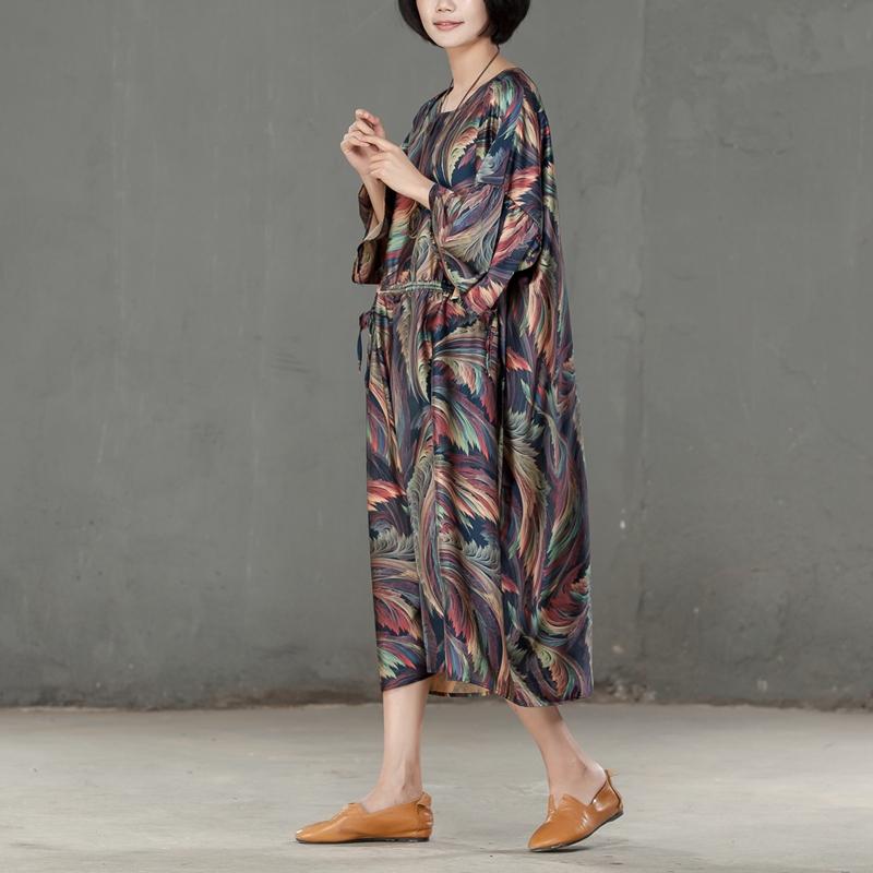 Spring Printed Round Neck Cotton Spandex Women Dress