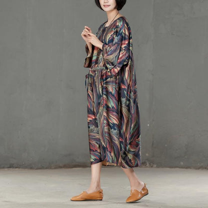 Spring Printed Round Neck Cotton Spandex Women Dress