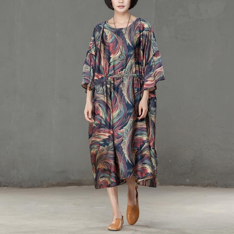 Spring Printed Round Neck Cotton Spandex Women Dress