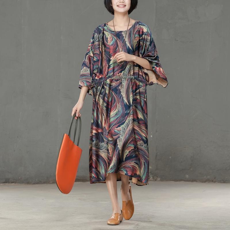 Spring Printed Round Neck Cotton Spandex Women Dress