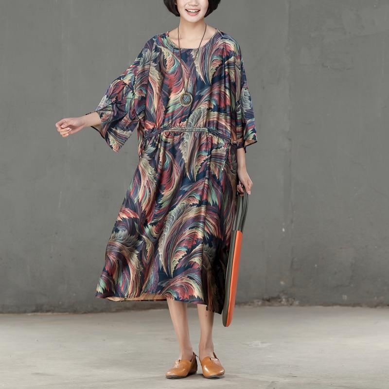 Spring Printed Round Neck Cotton Spandex Women Dress