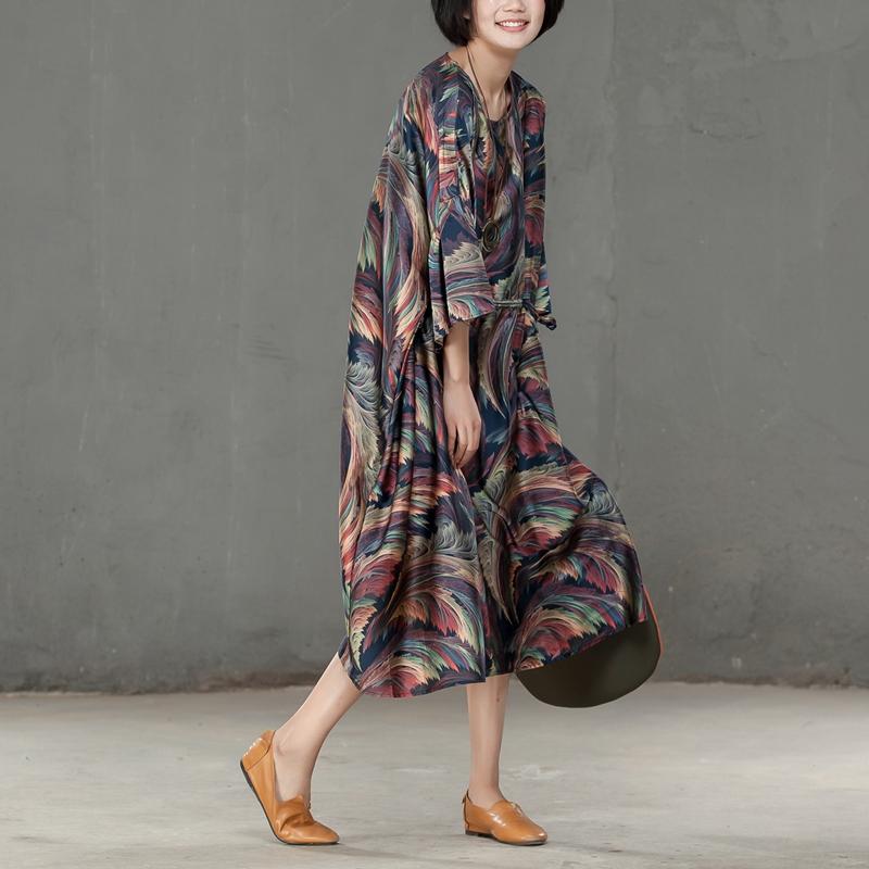 Spring Printed Round Neck Cotton Spandex Women Dress