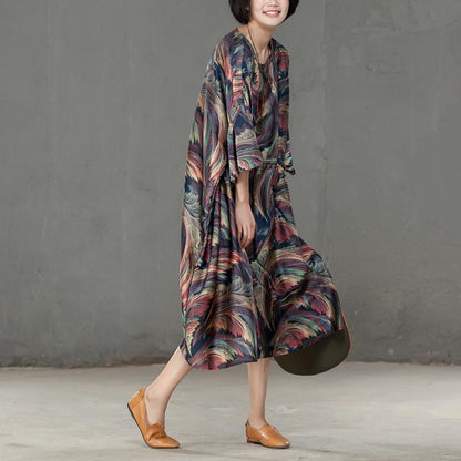 Spring Printed Round Neck Cotton Spandex Women Dress