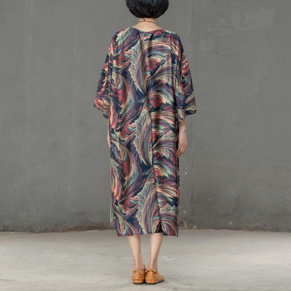 Spring Printed Round Neck Cotton Spandex Women Dress