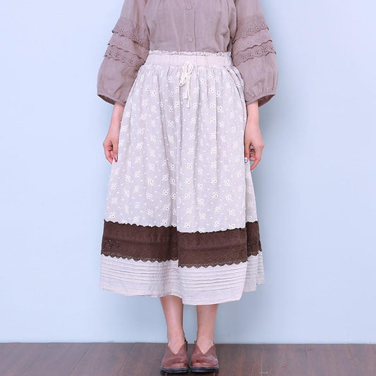 Loose Women Casual Floral Linen Splicing Skirt