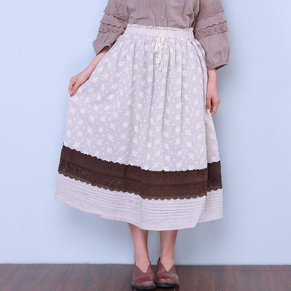Loose Women Casual Floral Linen Splicing Skirt