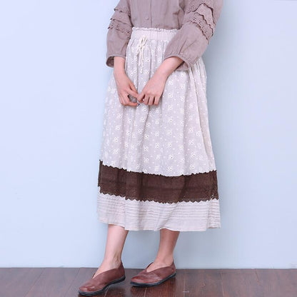 Loose Women Casual Floral Linen Splicing Skirt