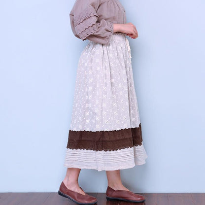 Loose Women Casual Floral Linen Splicing Skirt