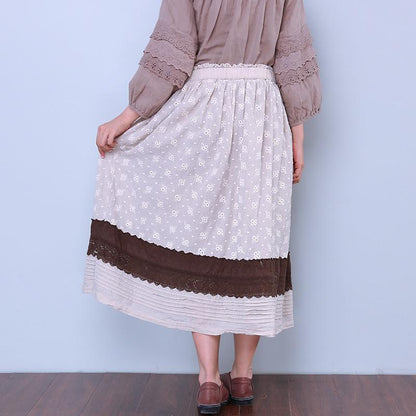 Loose Women Casual Floral Linen Splicing Skirt