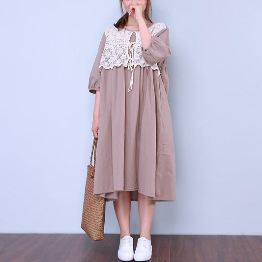 Women Loose Round Neck Half Sleeve Coffee Dress