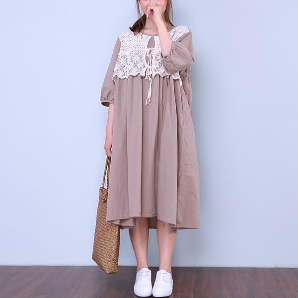 Women Loose Round Neck Half Sleeve Beige Dress