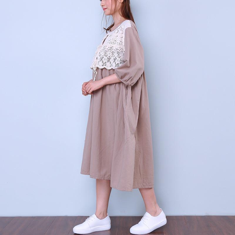 Women Loose Round Neck Half Sleeve Coffee Dress