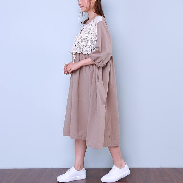 Women Loose Round Neck Half Sleeve Beige Dress