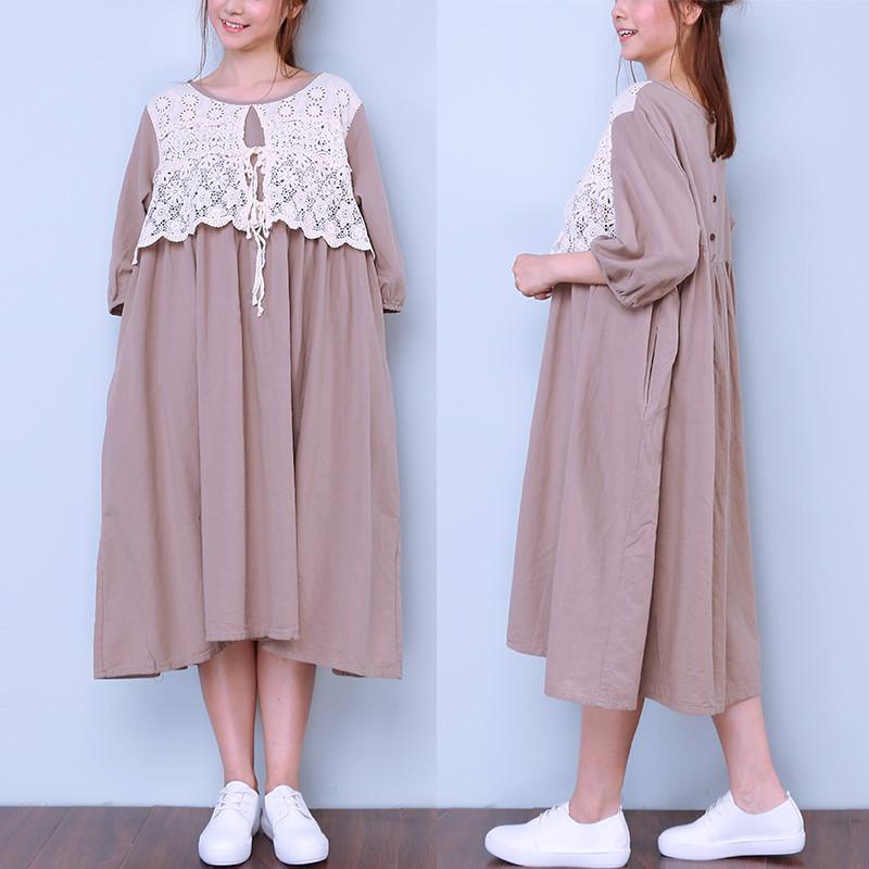 Women Loose Round Neck Half Sleeve Coffee Dress
