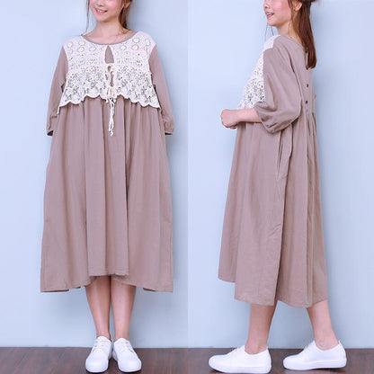Women Loose Round Neck Half Sleeve Coffee Dress