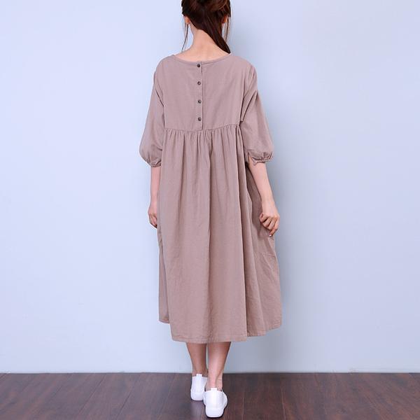 Women Loose Round Neck Half Sleeve Beige Dress