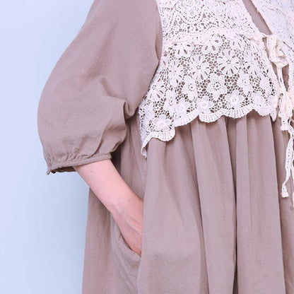 Women Loose Round Neck Half Sleeve Coffee Dress