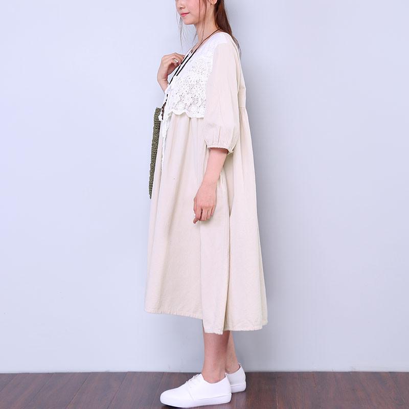 Women Loose Round Neck Half Sleeve Beige Dress