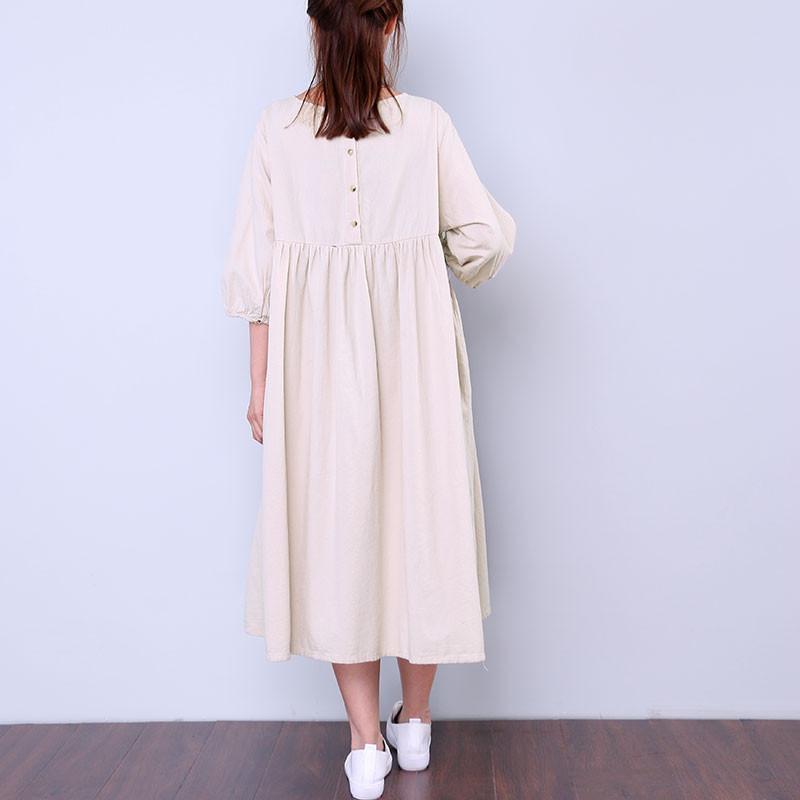 Women Loose Round Neck Half Sleeve Beige Dress