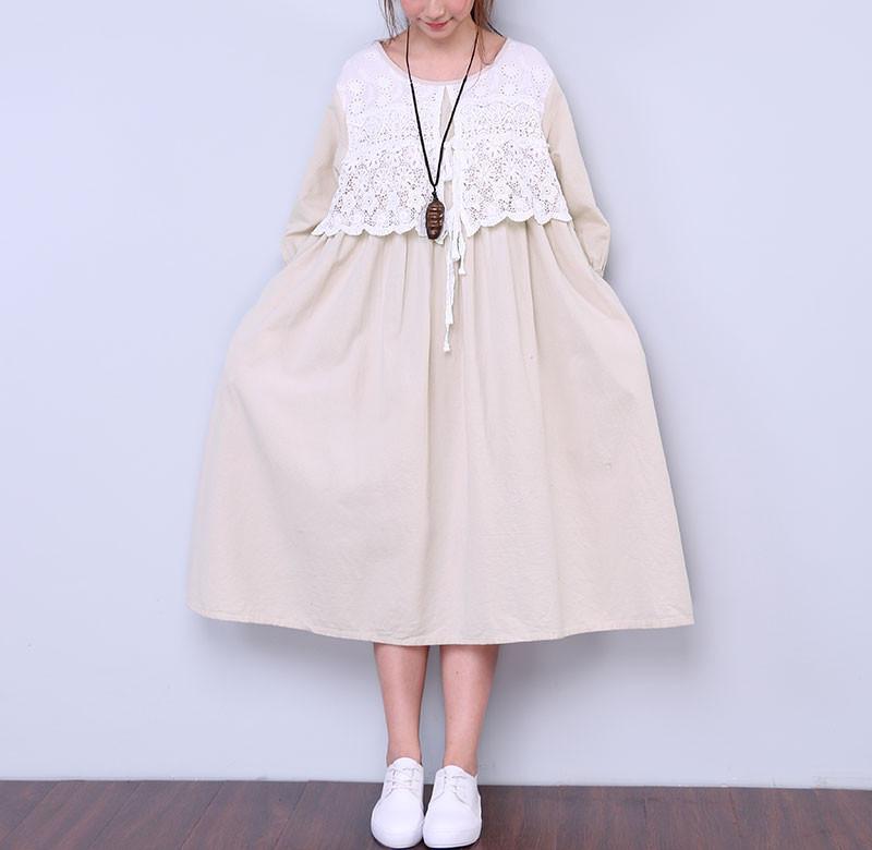 Women Loose Round Neck Half Sleeve Beige Dress