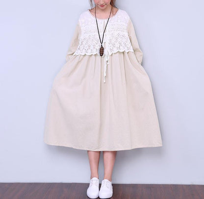 Women Loose Round Neck Half Sleeve Beige Dress