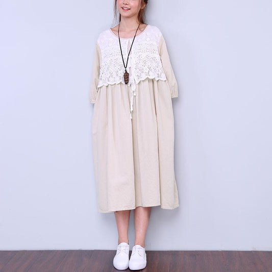 Women Loose Round Neck Half Sleeve Beige Dress